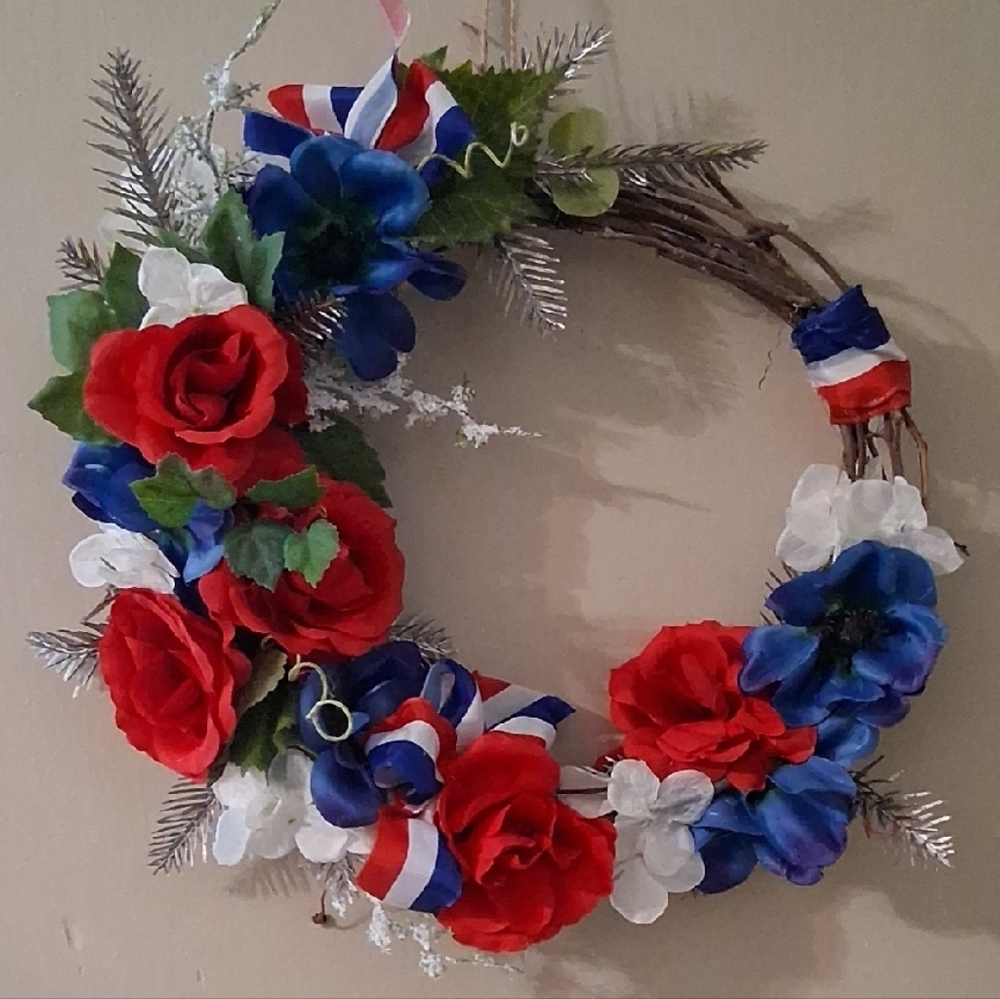 Patriotic Floral Wreath with Red, White, and Blue Accents
